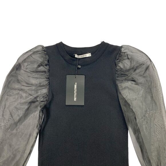 Pretty Little Thing Mini Dress Women Sz M/L Black Sheer Puff Sleeve Elegant Chic - Picture 4 of 16